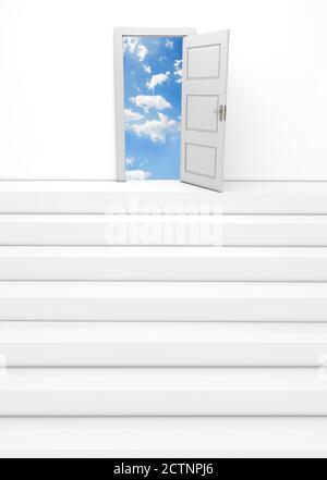 Escalier et porte ouverte menant au ciel, fond blanc Banque D'Images