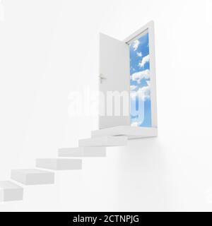 Escalier et porte ouverte menant au ciel, fond blanc Banque D'Images