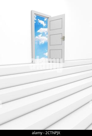 Escalier et porte ouverte menant au ciel, fond blanc Banque D'Images