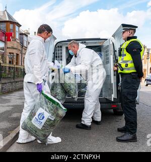 Highlander Hotel, 75 West Church Street, Buckie, Moray, Royaume-Uni. 23 septembre 2020. ROYAUME-UNI. Il s'agit de la police qui retire toutes les usines de cannabis, ensachées et étiquetées pour preuve de l'hôtel dans lequel l'usine de cannabis a été découverte le dimanche 20 septembre 2020 par la police Ecosse. Credit: JASPERIMAGE / Alamy Live News Banque D'Images