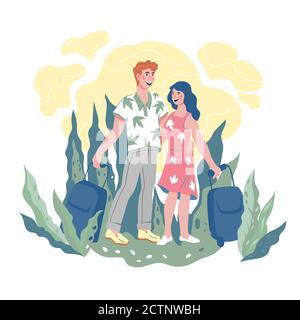 Vacances en couple et sujet de vacances en commun avec homme et femme de voyage, vecteur. Illustration de Vecteur