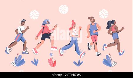 Bannière avec des marathoners qui font courir des gens sportifs. Illustration vectorielle de dessin animé. Illustration de Vecteur