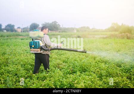Un agriculteur équipé d'un pulvérisateur à brouillard transforme la plantation de pommes de terre contre les ravageurs et les infections fongiques. Utilisation de produits chimiques industriels agricoles pour protec Banque D'Images