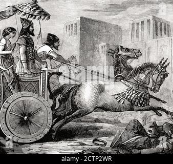 Cyrus le Grand entrant Ecbatana, après avoir vaincu les médianes. Ecbatana était la capitale de l'Empire médian Cyrus II de Perse, c. 600/ 576 – 530 C.-B., alias Cyrus le Grand et Cyrus l'ancien. Fondateur de l'empire achaéménide et roi de Perse, Anshan, Media, Babylone, Sumer et Akkad. Après une œuvre du XIXe siècle par un artiste non identifié. Banque D'Images