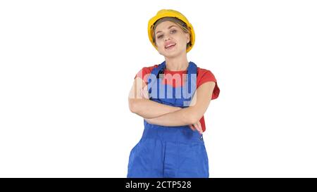 Femme souriante poseuse de constructeur debout et changeant poses FOL Banque D'Images