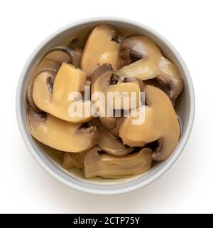 Champignons de Paris tranchés en conserve dans un bol en céramique blanc isolé sur blanc. Vue de dessus. Banque D'Images