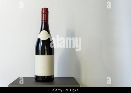 Photo de studio d'une bouteille de vin non étiquetée pour votre marque. Bouteille d'alcool sur un support sur fond blanc Banque D'Images