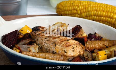 Un poulet grillé est assis dans une assiette en céramique, à côté de divers légumes-racines. Les lignes rouges du motif de la poêle sont clairement visibles. Banque D'Images