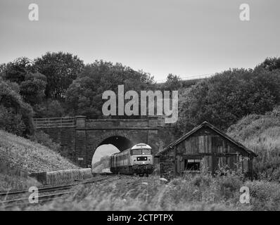 Services de locomotive classe 47 locomotive 47593 passant devant le tunnel Shotlock (Garsdale) Avec le train touristique 'Staycation Express' Banque D'Images