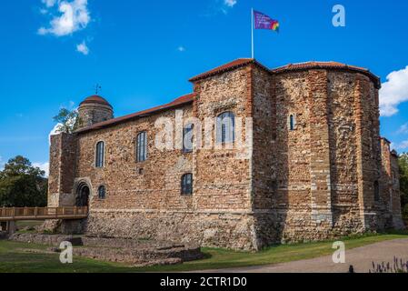 Château de Colchester - Château normand du XIe siècle dans le centre de Colchester, Essex, Royaume-Uni. Vue sur la face sud et le coin sud-est. Banque D'Images