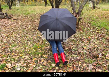 Femme en bottes rouges sous un parapluie noir sous la pluie. Concept d'automne Banque D'Images