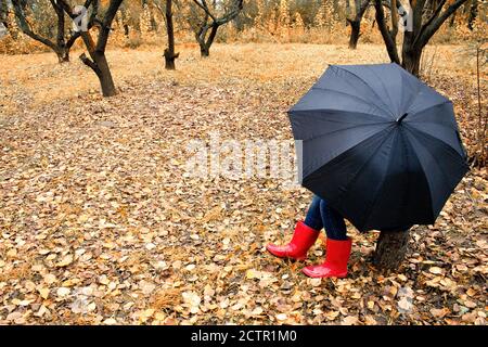 Femme en bottes rouges sous un parapluie noir sous la pluie. Concept d'automne Banque D'Images