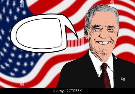 Joe Biden parlant, avec une bulle de bande dessinée vierge pour écrire à l'intérieur. Illustration pour faire parler Biden, écrire ses mots, phrases, propositions. 2024 Banque D'Images