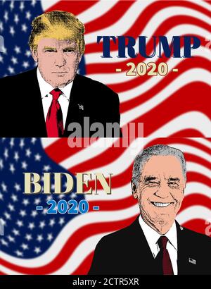 Affiche de campagne de Biden 2020 et affiche de campagne de Trump 2020. Illustration, prospectus, brochure sur fond de drapeau américain. Élection aux États-Unis, camp américain Banque D'Images