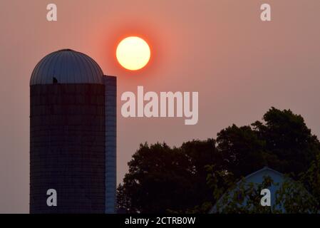 Ciel voilé et fumé de la Californie et de l'Oregon, feux de forêt, avec un soleil surréaliste (pas de nuages) collé dans un ciel sinistre, Browntown, Wisconsin, États-Unis Banque D'Images