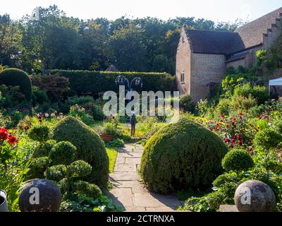 Chenies Manor House Sunken Garden sur un ensoleillé mi-septembre après-midi, 2020. Variétés de dahlia colorées en terrasses de bordures de plantes, topiaires, sculptures. Banque D'Images