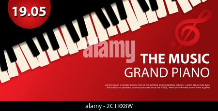 Prospectus horizontal fond musical. Modèle vectoriel bannière avec texte et touches de piano sur fond rouge. Illustration de Vecteur