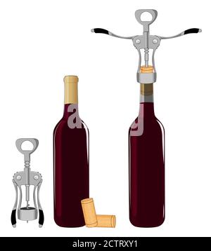 Bouteilles de vin et tire-bouchon isolés sur fond blanc illustration vectorielle. Illustration de Vecteur