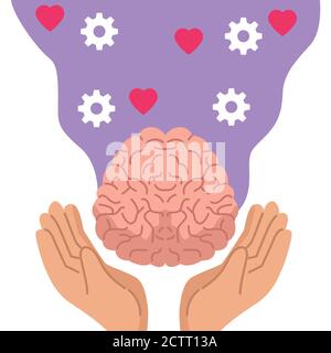 journée sur la santé mentale avec les mains soulevant le cerveau et les engins humains illustration vectorielle Illustration de Vecteur