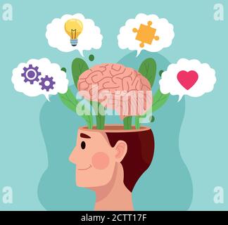 santé mentale profil d'homme de jour et cerveau avec articles de set illustration vectorielle Illustration de Vecteur