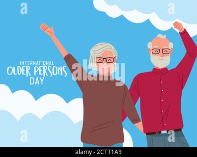 lettrage international de personnes âgées avec vieux couple célébrant et motif d'illustration vectoriel de nuages Illustration de Vecteur