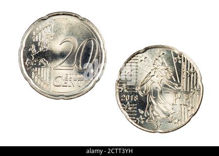 Avant et arrière de la pièce de monnaie de 20 cents Euro isolée sur fond blanc Banque D'Images