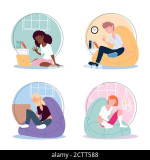 ensemble d'icônes de personnes travaillant à domicile, conception d'illustrations vectorielles de télétravail Illustration de Vecteur