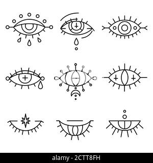 Mystic talismans tatouage concept ou mal yeux ensemble. Icônes d'idée d'Occulture ou dessin linéaire pour livre de coloriage Illustration de Vecteur