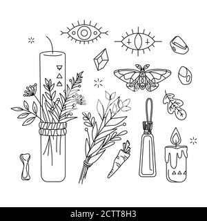 Symbole isolé du chaman, guérisseur à base de plantes, Wicca. Ensemble païen, occulte ou ésotérique - dessin linéaire pour livre de coloriage Illustration de Vecteur