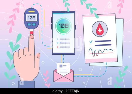 Diabetes Healthcare, sucre contrôle par smartphone. Test sanguin de glycémie par l'application Telemedicine Illustration de Vecteur