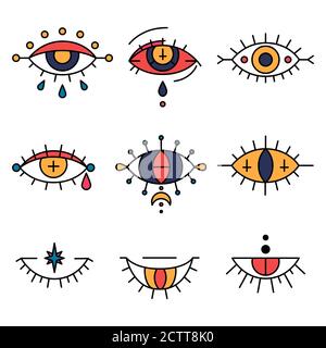 Ensemble de dessins mauvais yeux. Symboles occulte, magiques et ésotériques. La vue de la Providence, les signes sacrés et le karma - icônes. Amulettes ou talismans pour tatouage Illustration de Vecteur