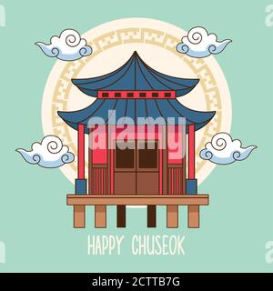 joyeux chuseok célébration avec bâtiment chinois et illustrations vectorielles de nuages conception Illustration de Vecteur