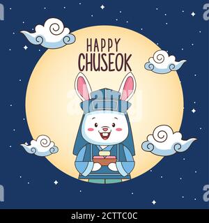 bonne célébration chuseok avec un lapin qui lève la nourriture douce à fullmoon illustration vectorielle Illustration de Vecteur