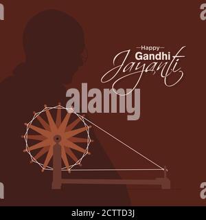 Happy Gandhi Jayanti Banner | Gandhi Ji et son Charkha | 2 octobre, anniversaire du Mahatma Gandhi Banque D'Images