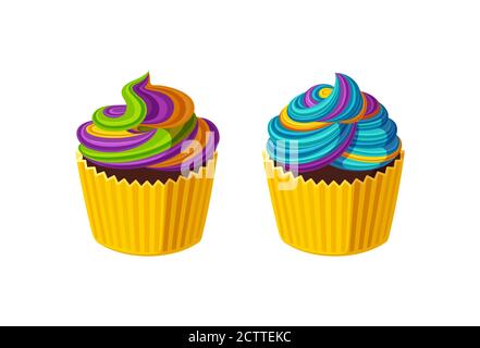Petits gâteaux avec glaçage arc-en-ciel tournoyé. Muffins savoureux à la crème colorée. Illustration vectorielle dans un joli style de dessin animé Illustration de Vecteur