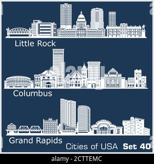 Villes des États-Unis - Grand Rapids, Columbus, Little Rock. Architecture détaillée. Illustration vectorielle tendance. Illustration de Vecteur