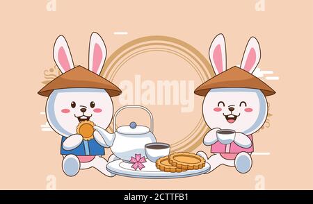 carte de célébration de mi-automne avec des lapins couple manger des biscuits et motif d'illustration à motif thé Illustration de Vecteur