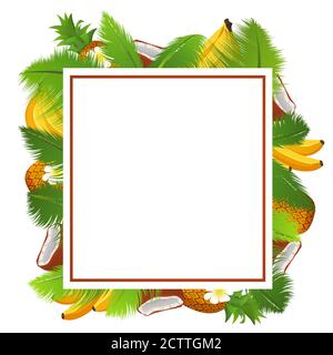 Modèle tropical d'un cadre pour une bannière avec feuilles de palmier et noix de coco, ananas et banane. Illustration de Vecteur