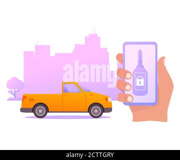 Sécurité de la clé intelligente de la voiture. Le smartphone contrôle le mode automatique sans fil. Illustration de Vecteur