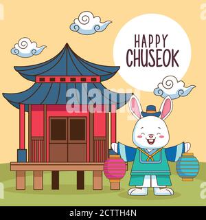 joyeux chuseok célébration avec bâtiment chinois et illustration de vecteur de lapin conception Illustration de Vecteur