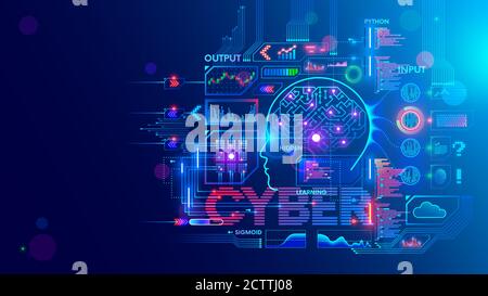 Réseau neuronal d'ordinateur ou ai sur le langage de programmation python. Éléments d'interface abstraits de l'intelligence artificielle. Apprentissage machine approfondi. Big Data Illustration de Vecteur