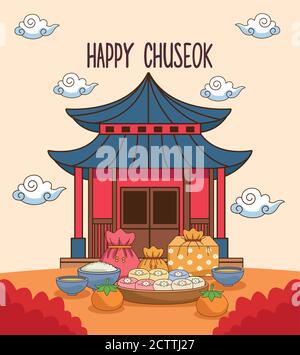 bonne célébration chuseok avec bâtiment chinois et illustration de vecteur alimentaire conception Illustration de Vecteur