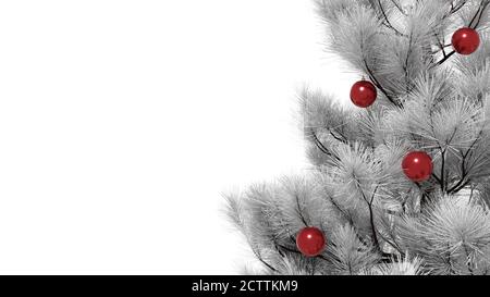 Gros plan d'un sapin de Noël blanc avec des boules rouges en 3D. Copier l'arrière-plan de Noël de l'espace. Banque D'Images