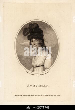 Elizabeth Inchbald (1753-1821), romancière, actrice et dramaturge anglaise. Elle a épousé l'acteur Joseph Inchbald. Gravure sur plaque de coperplate par Ridley après un tableau de Drummond du Monthly Mirror, publié par T. Bellamy, King Street, Covent Garden, Londres, 1797. Banque D'Images