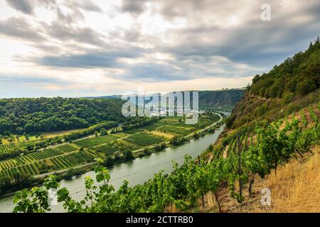 Voir à une poutre d'acier pont reliant l'Eifel Hunsrück et chaînes de montagnes à la recherche sur la Moselle et les vignobles Winningen région viticole. Banque D'Images