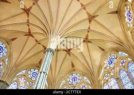 SALISBURY, Royaume-Uni - 25 AOÛT 2017 : magnifique plafond voûté et vitraux dans la cathédrale de Salisbury en Angleterre. Banque D'Images