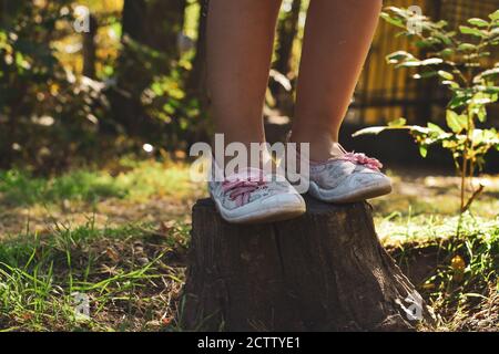 Un enfant se tient sur une souche d'arbre dans la forêt. Jour ensoleillé. Moments d'été de l'enfance. Jambes de bébé Banque D'Images