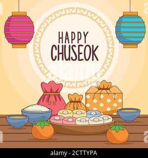 joyeux chuseok célébration avec la nourriture et les lanternes suspendu illustration vectorielle conception Illustration de Vecteur