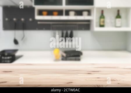 table en bois dans le fond de la cuisine pour la publicité des produits à la maison modèle de montage Banque D'Images