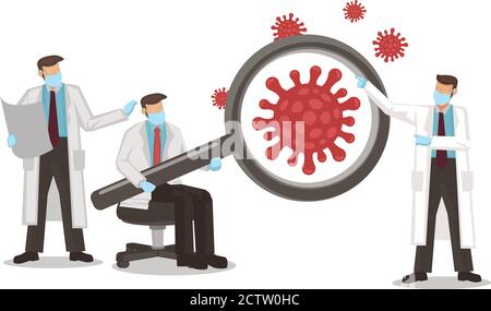 Médecin utilisant la loupe pour la recherche sur le coronavirus. Concept de protection ou de quarantaine ou de prévention des risques contre les épidémies virales. Illustration vectorielle Illustration de Vecteur